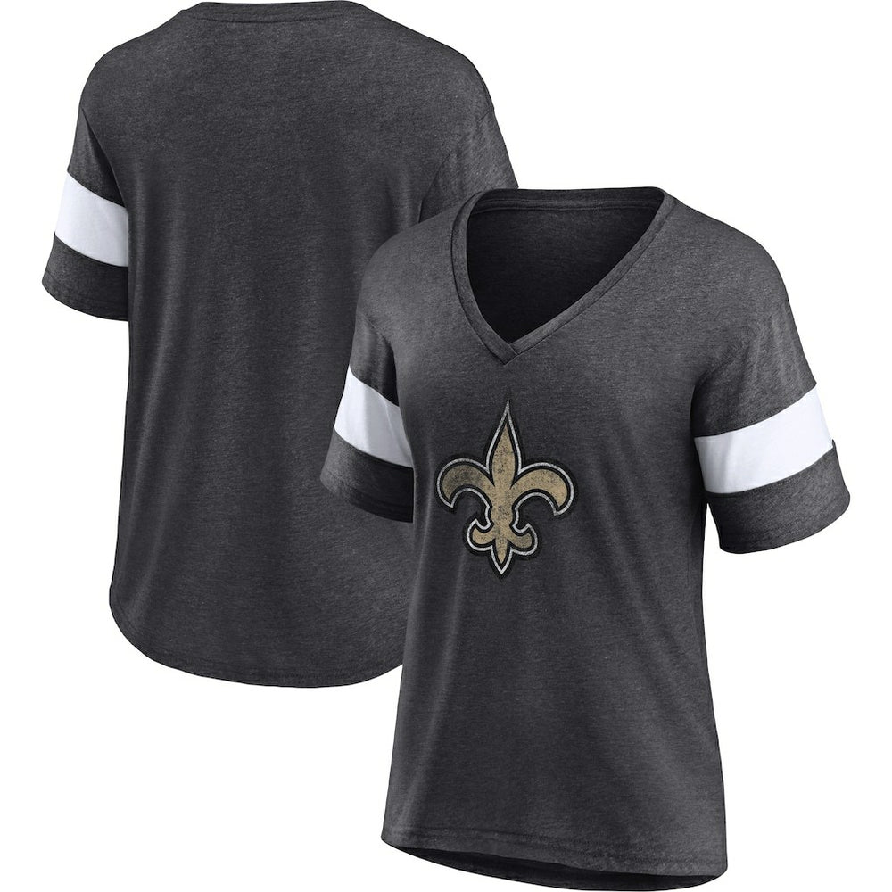 New Orleans Saints Women's Distressed Team Tri-Blend V-Neck T-Shirt - Heathered Charcoal/White - Fanatics