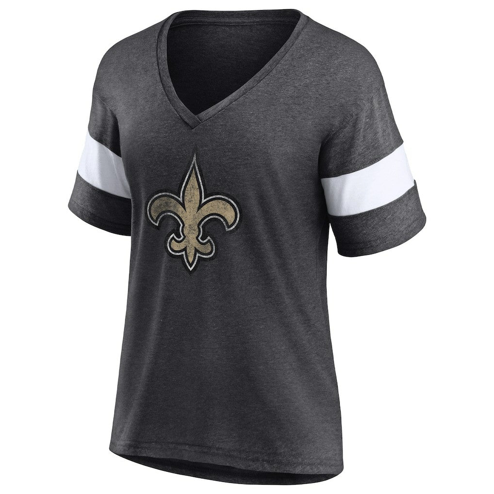 New Orleans Saints Women's Distressed Team Tri-Blend V-Neck T-Shirt - Heathered Charcoal/White - Fanatics