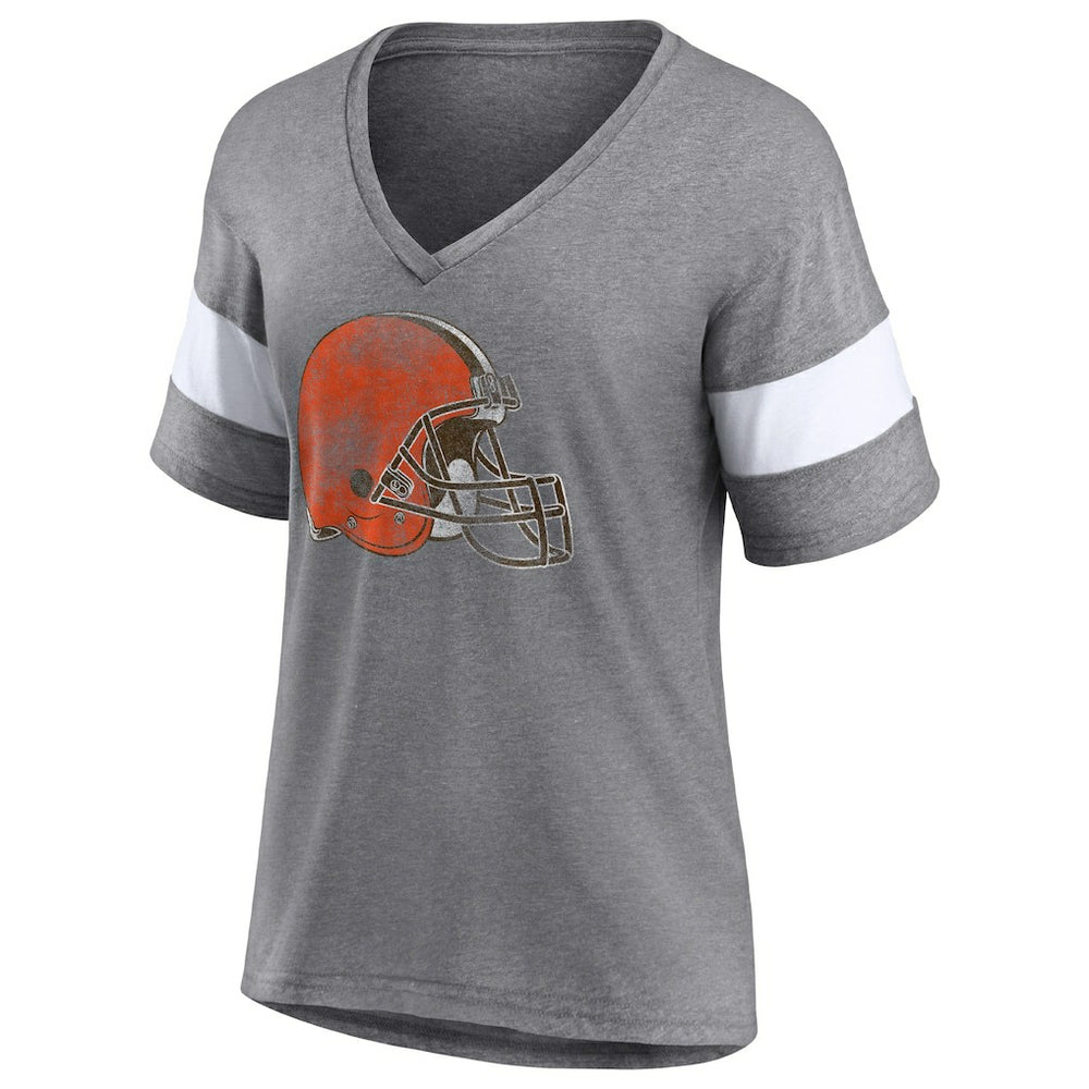 Cleveland Browns Women's Distressed Team Tri-Blend V-Neck T-Shirt - Heathered Gray/White - Fanatics
