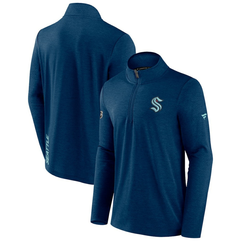 Seattle Kraken Fanatics Authentic Pro Rink Quartet-Zip Jacket - Heather Deep Sea Blue | Fanatics Lifestyle