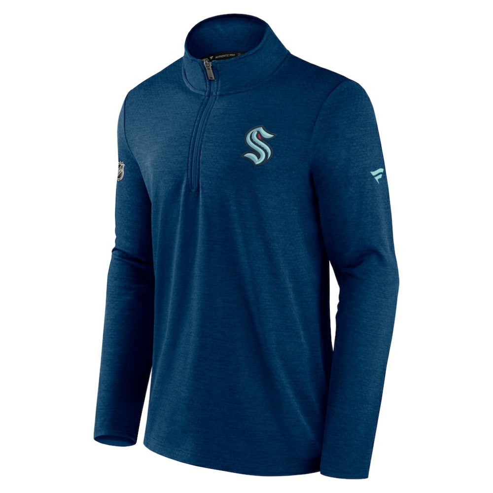 Seattle Kraken Fanatics Authentic Pro Rink Quartet-Zip Jacket - Heather Deep Sea Blue | Fanatics Lifestyle