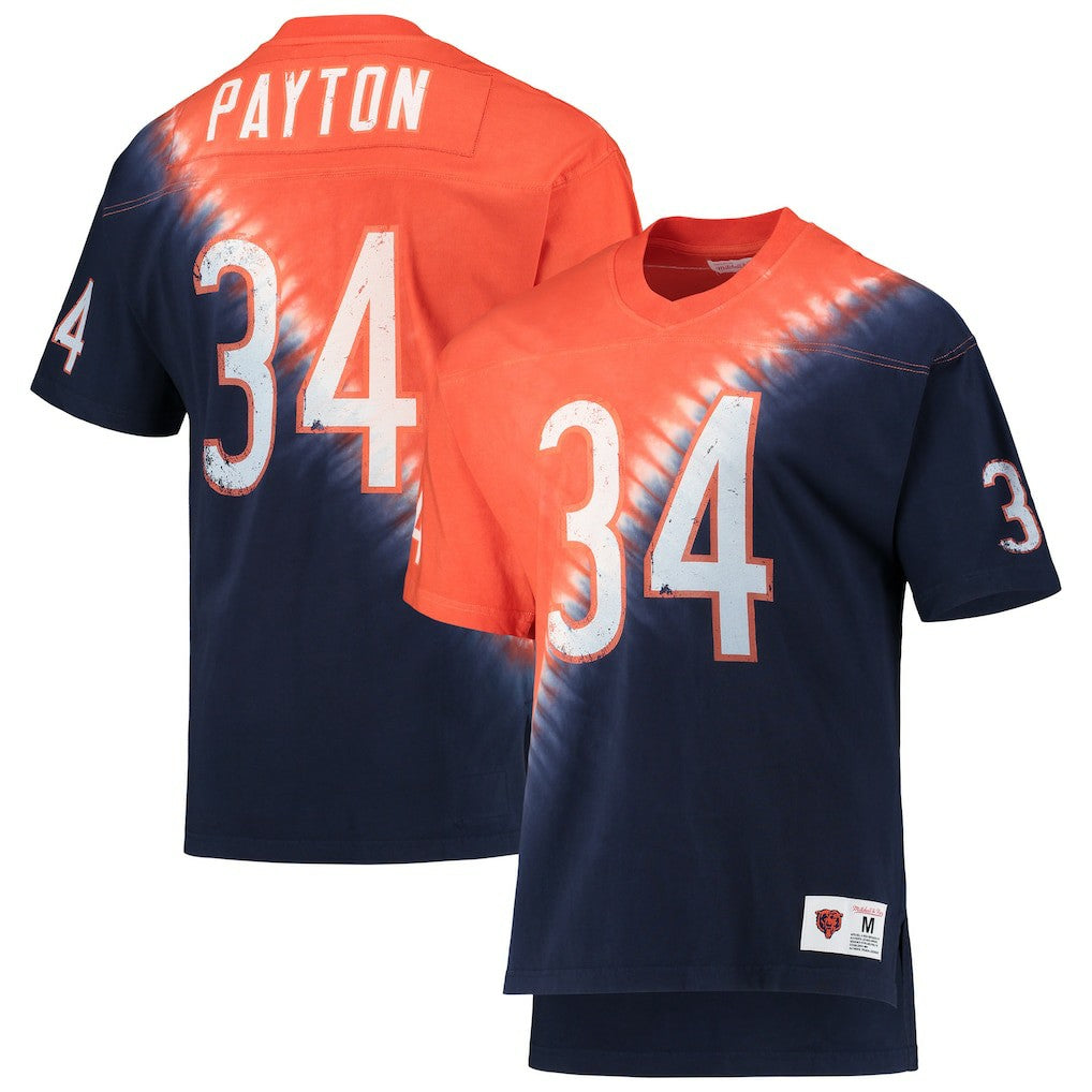 Walter Payton Chicago Bears Retired Player Name & Number Diagonal Tie-Dye V-Neck T-Shirt - Orange/Navy - Mitchell & Ness