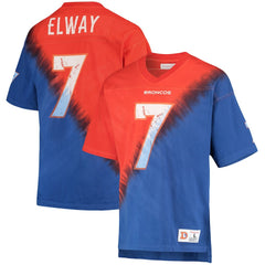 John Elway Denver Broncos Retired Player Name & Number Diagonal Tie-Dye V-Neck T-Shirt - Orange/Royal - Mitchell & Ness