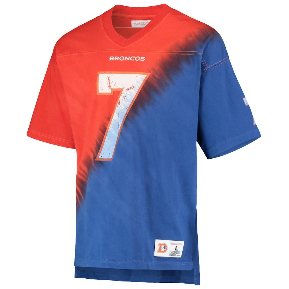 John Elway Denver Broncos Retired Player Name & Number Diagonal Tie-Dye V-Neck T-Shirt - Orange/Royal - Mitchell & Ness