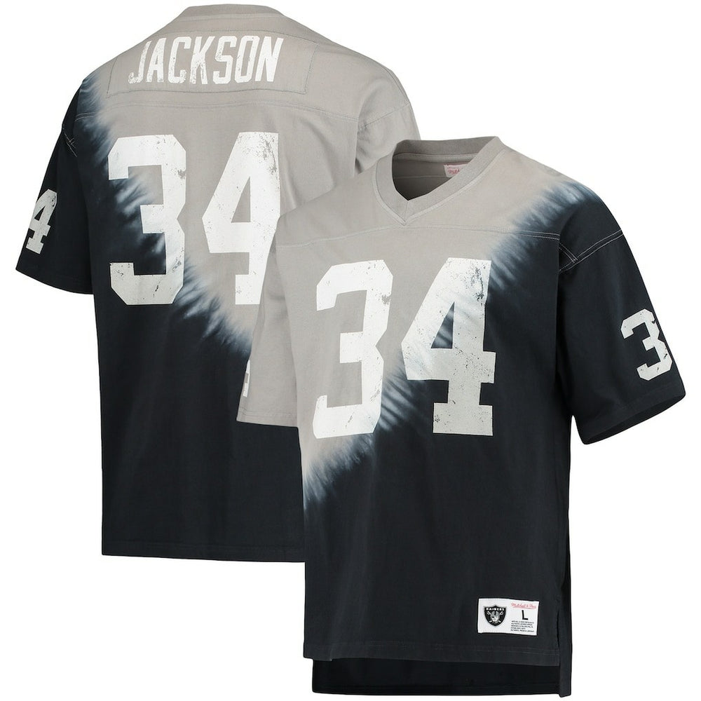 Bo Jackson Las Vegas Raiders Retired Player Name & Number Diagonal Tie-Dye V-Neck T-Shirt - Black/Silver - Mitchell & Ness