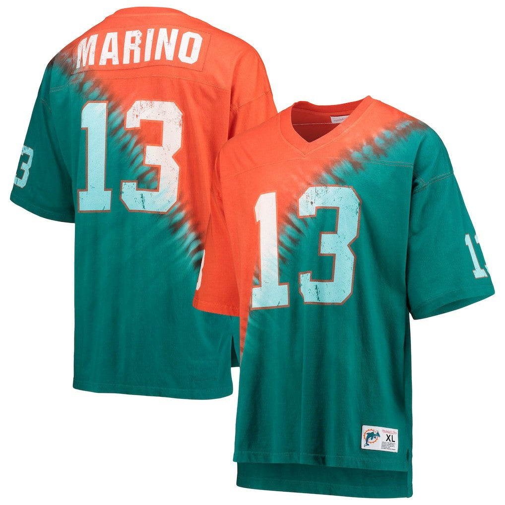 Dan Marino Miami Dolphins Retired Player Name & Number Diagonal Tie-Dye V-Neck T-Shirt - Orange/Aqua - Mitchell & Ness