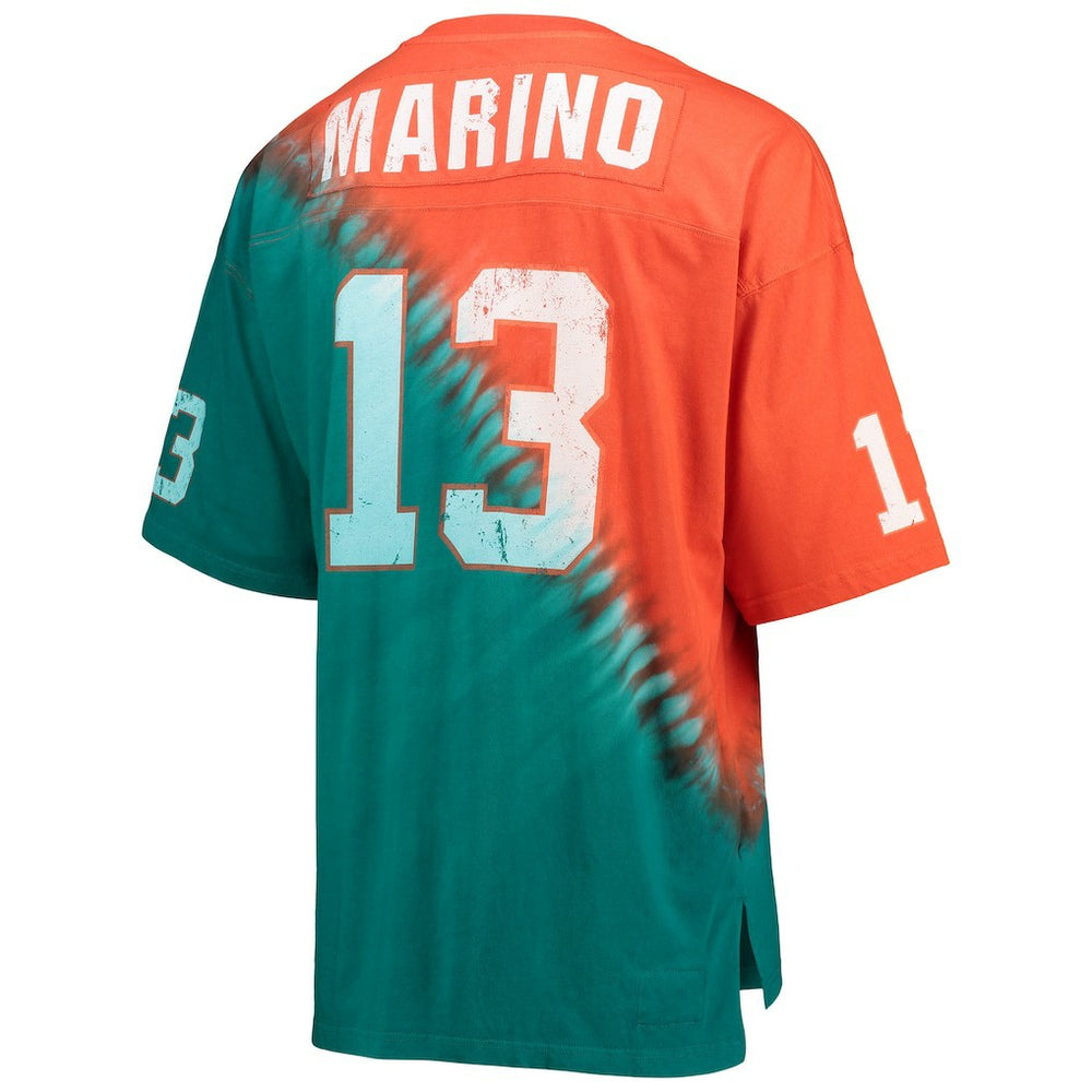 Dan Marino Miami Dolphins Retired Player Name & Number Diagonal Tie-Dye V-Neck T-Shirt - Orange/Aqua - Mitchell & Ness