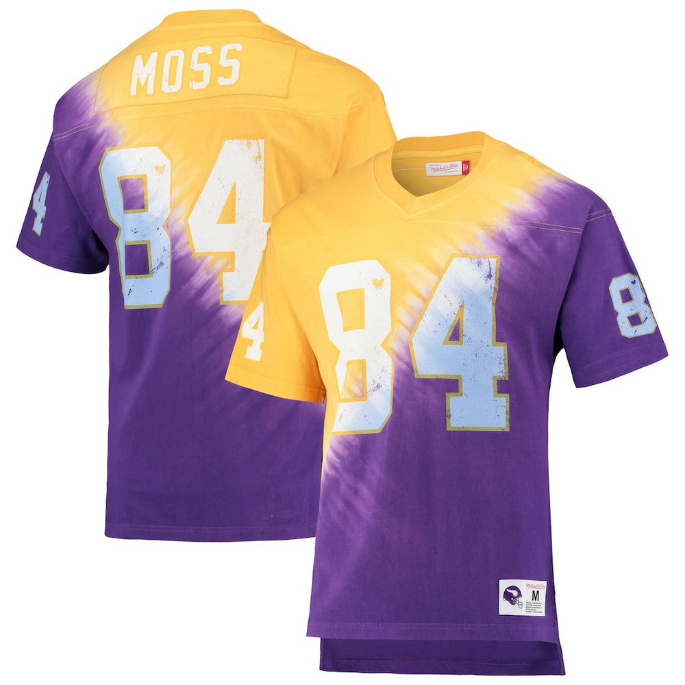 Randy Moss Minnesota Vikings Retired Player Name & Number Diagonal Tie-Dye V-Neck T-Shirt - Gold/Purple - Mitchell & Ness