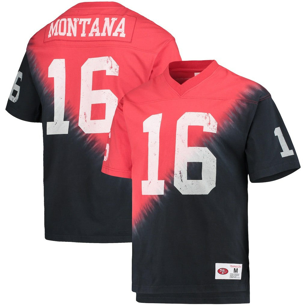 Joe Montana San Francisco 49ers Retired Player Name & Number Diagonal Tie-Dye V-Neck T-Shirt - Black/Red - Mitchell & Ness