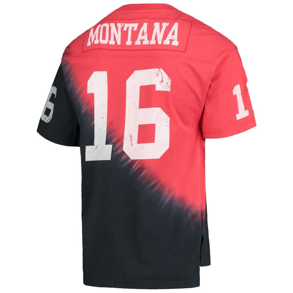 Joe Montana San Francisco 49ers Retired Player Name & Number Diagonal Tie-Dye V-Neck T-Shirt - Black/Red - Mitchell & Ness