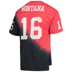 Joe Montana San Francisco 49ers Retired Player Name & Number Diagonal Tie-Dye V-Neck T-Shirt - Black/Red - Mitchell & Ness