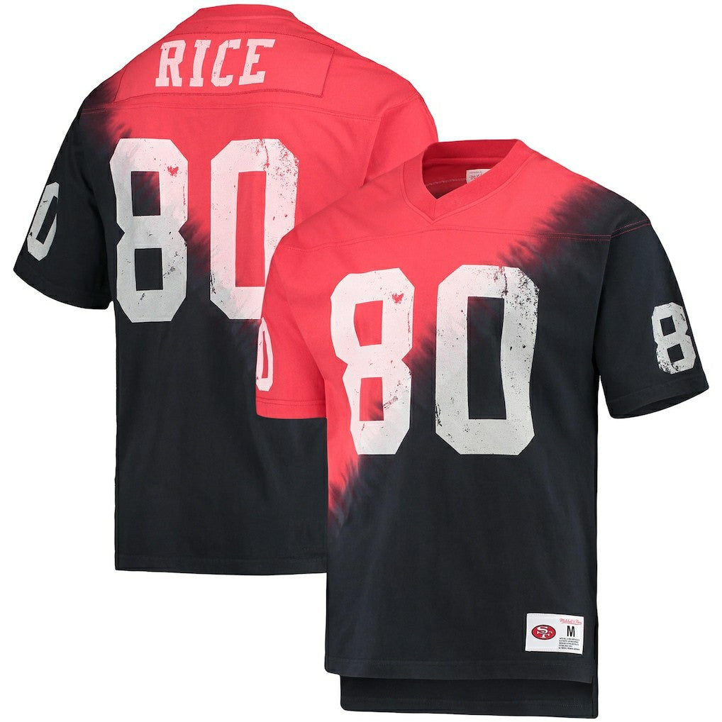 Jerry Rice San Francisco 49ers Retired Player Name & Number Diagonal Tie-Dye V-Neck T-Shirt - Black/Red - Mitchell & Ness