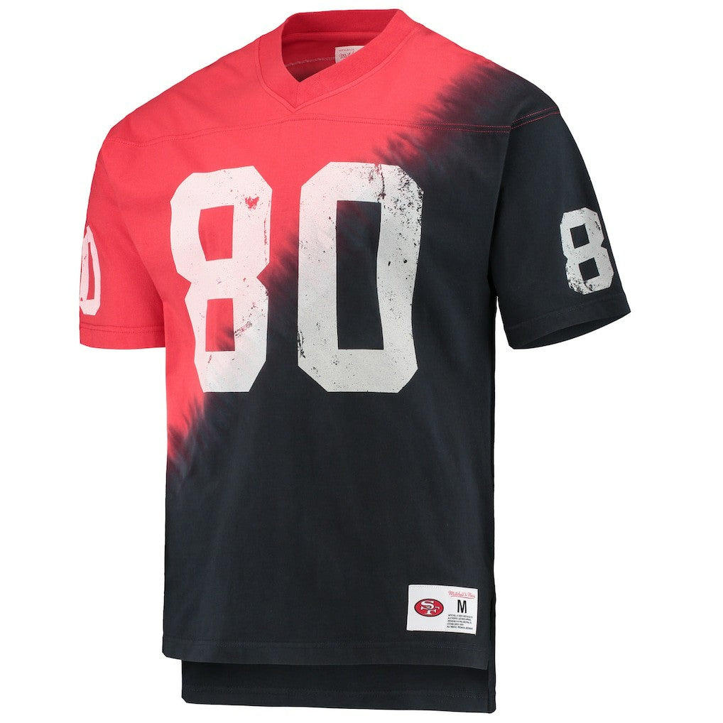 Jerry Rice San Francisco 49ers Retired Player Name & Number Diagonal Tie-Dye V-Neck T-Shirt - Black/Red - Mitchell & Ness