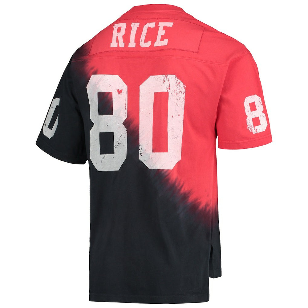 Jerry Rice San Francisco 49ers Retired Player Name & Number Diagonal Tie-Dye V-Neck T-Shirt - Black/Red - Mitchell & Ness