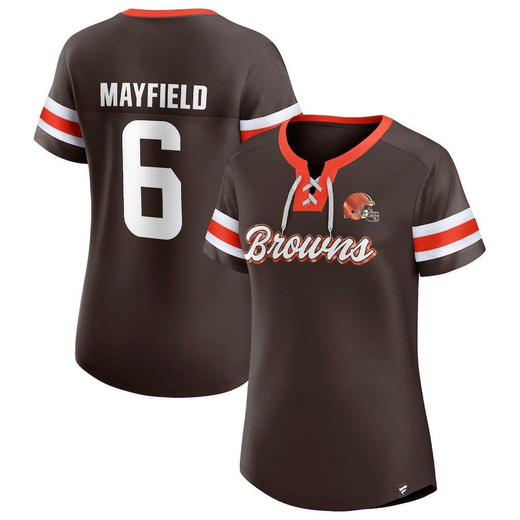 Baker Mayfield Cleveland Browns Women's Athena Name & Number Notch Neck T-Shirt - Brown - Fanatics