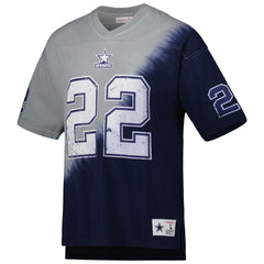 Emmitt Smith Dallas Cowboys Retired Player Name & Number Diagonal Tie-Dye V-Neck T-Shirt - Navy/Gray - Mitchell & Ness