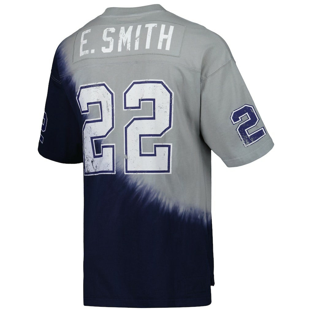 Emmitt Smith Dallas Cowboys Retired Player Name & Number Diagonal Tie-Dye V-Neck T-Shirt - Navy/Gray - Mitchell & Ness