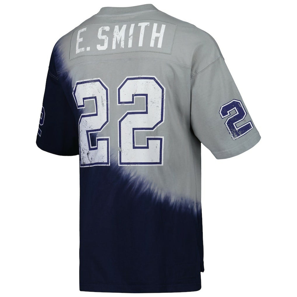 Emmitt Smith Dallas Cowboys Retired Player Name & Number Diagonal Tie-Dye V-Neck T-Shirt - Navy/Gray - Mitchell & Ness