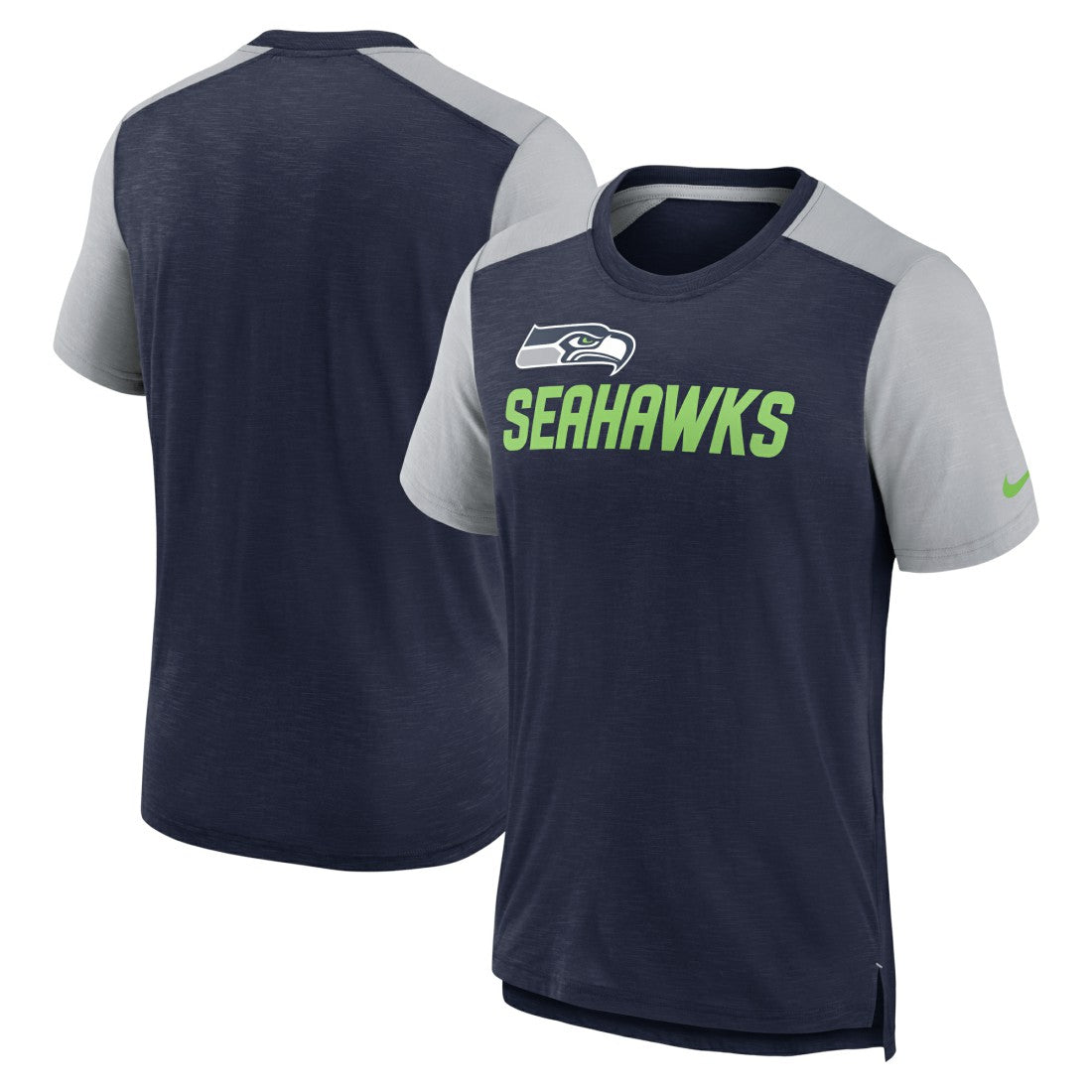 Seattle Seahawks Color Block Team Name T-Shirt - Heathered College Navy/Heathered Gray - Nike