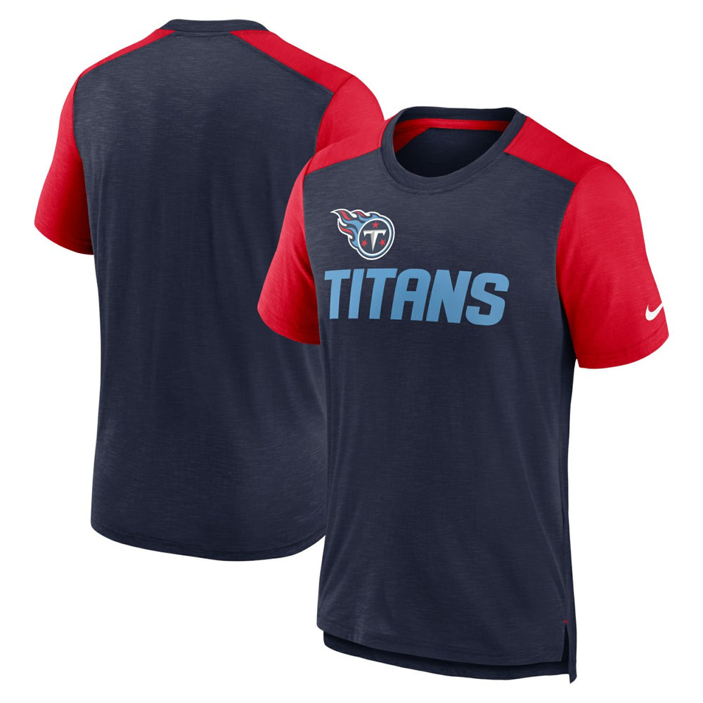 Tennessee Titans Color Block Team Name T-Shirt - Heathered Navy/Heathered Red - Nike