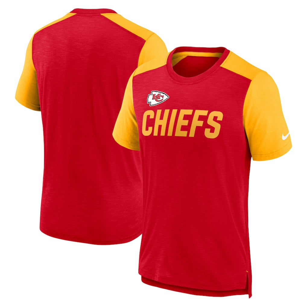 Kansas City Chiefs Color Block Team Name T-Shirt - Heathered Red/Heathered Gold - Nike