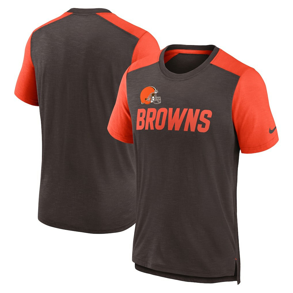 Cleveland Browns Color Block Team Name T-Shirt - Heathered Brown/Heathered Orange - Nike