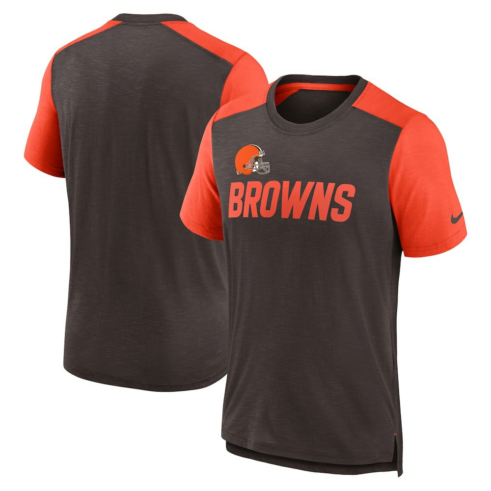 Cleveland Browns Color Block Team Name T-Shirt - Heathered Brown/Heathered Orange - Nike
