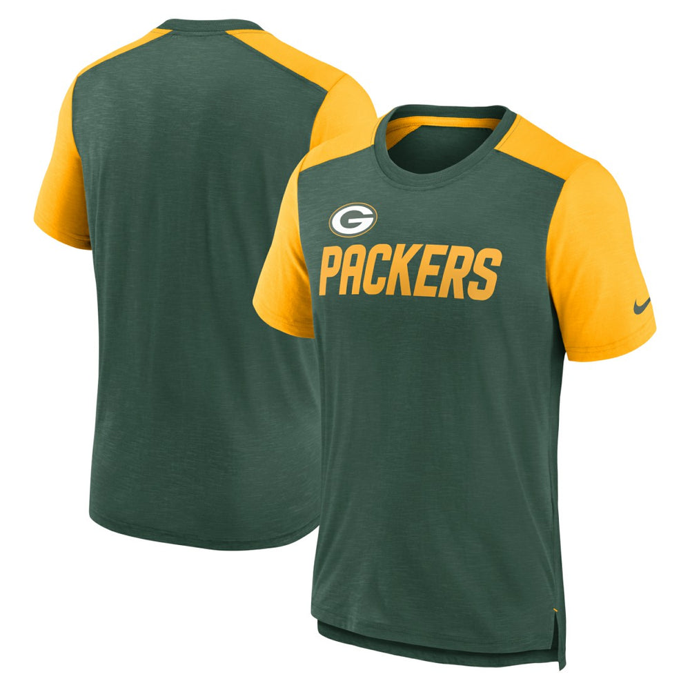 Green Bay Packers Color Block Team Name T-Shirt - Heathered Green/Heathered Gold - Nike