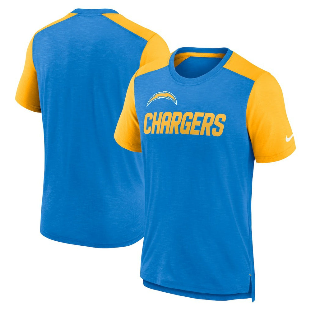 Los Angeles Chargers Color Block Team Name T-Shirt - Heathered Powder Blue/Heathered Gold - Nike