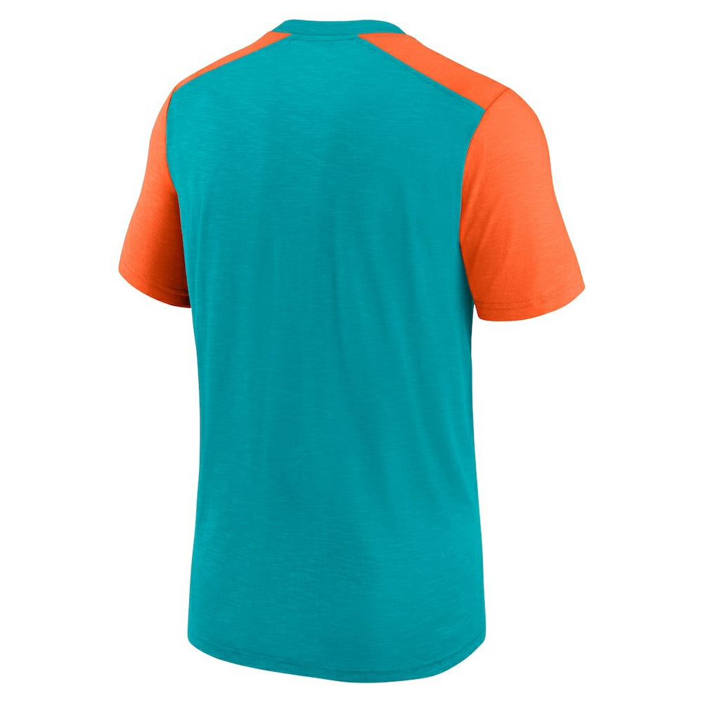 Miami Dolphins Color Block Team Name T-Shirt - Heathered Aqua/Heathered Orange - Nike