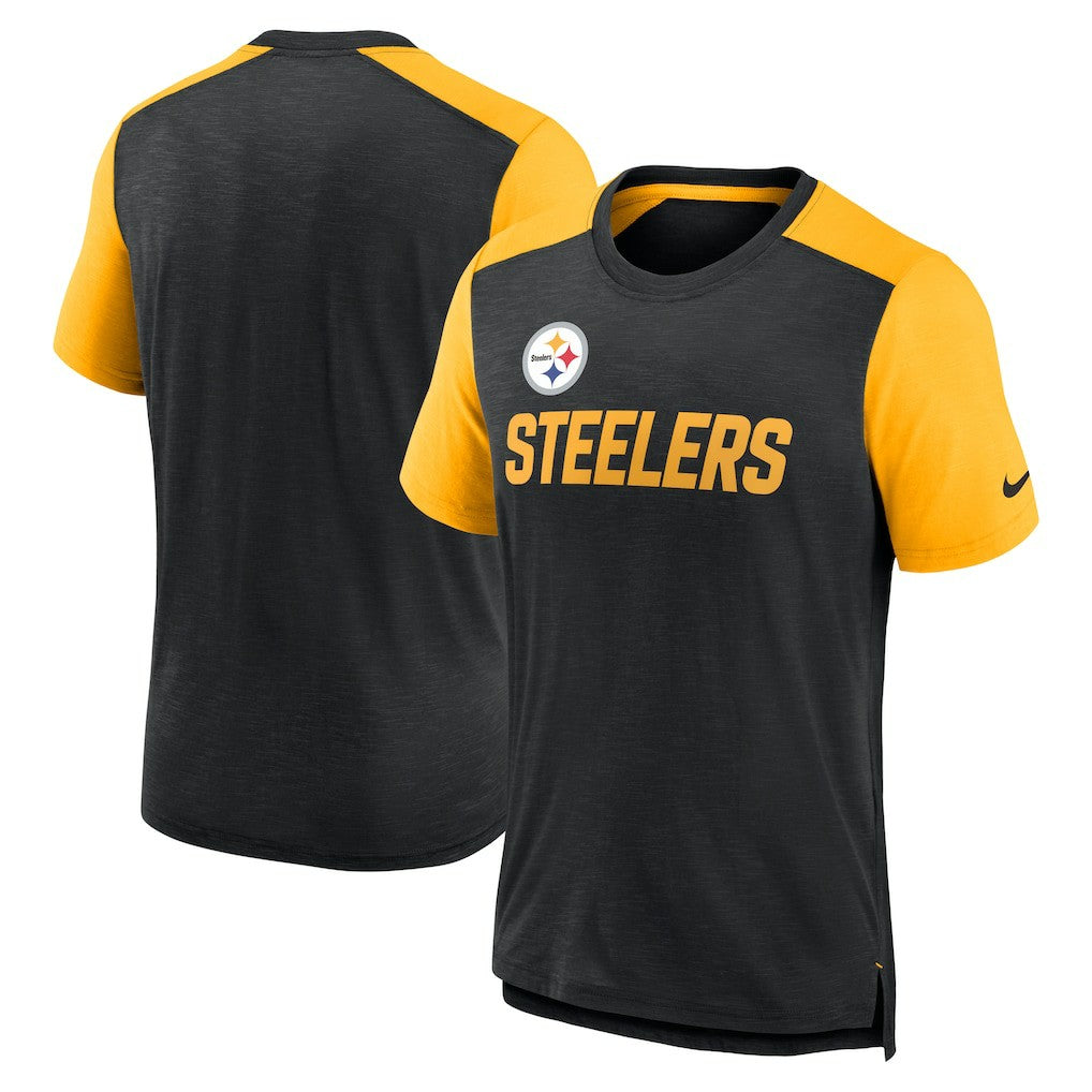 Pittsburgh Steelers Color Block Team Name T-Shirt - Heathered Black/Heathered Gold - Nike
