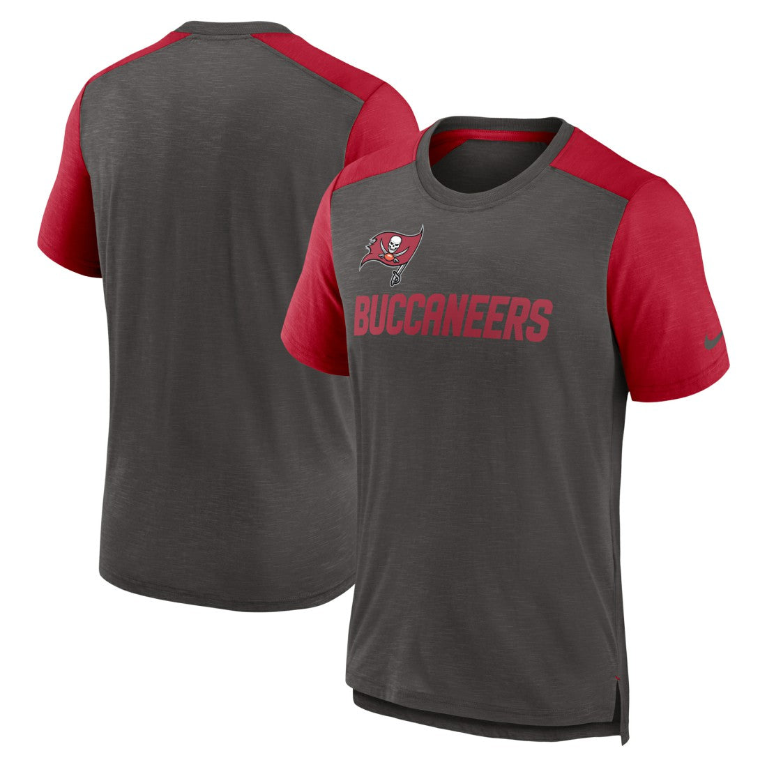 Tampa Bay Buccaneers Color Block Team Name T-Shirt - Heathered Pewter/Heathered Red - Nike