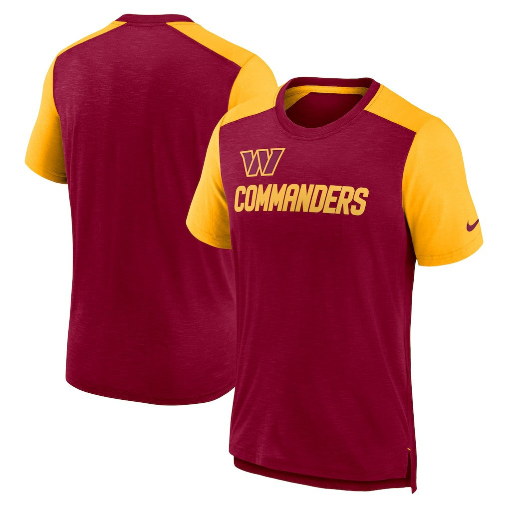Washington Commanders Color Block Team Name T-Shirt - Heathered Burgundy/Heathered Gold - Nike