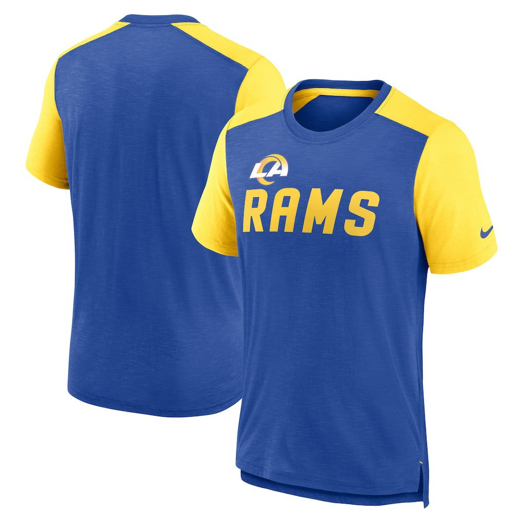 Los Angeles Rams Color Block Team Name T-Shirt - Heathered Royal/Heathered Gold - Nike