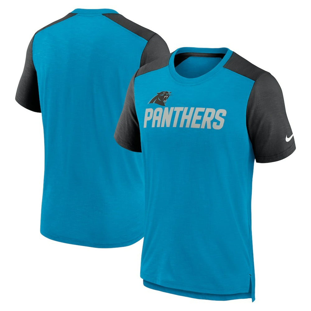 Carolina Panthers Color Block Team Name T-Shirt - Heathered Blue/Heathered Black - Nike