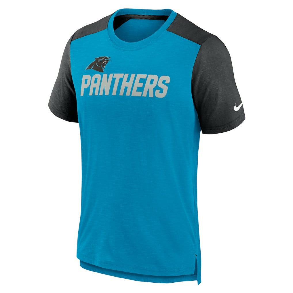Carolina Panthers Color Block Team Name T-Shirt - Heathered Blue/Heathered Black - Nike