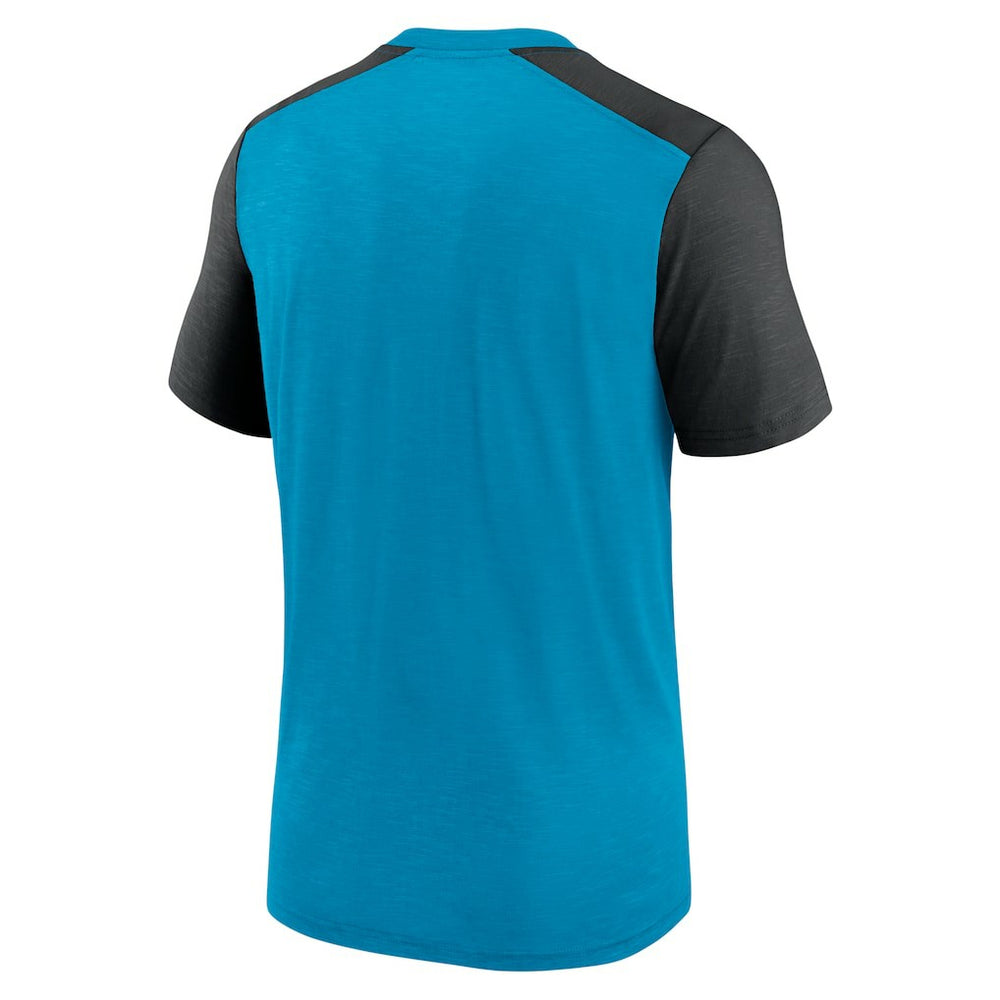 Carolina Panthers Color Block Team Name T-Shirt - Heathered Blue/Heathered Black - Nike
