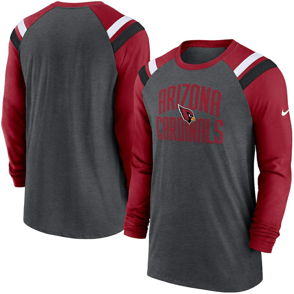 Arizona Cardinals Tri-Blend Raglan Athletic Long Sleeve Fashion T-Shirt - Heathered Charcoal/Cardinal - Nike