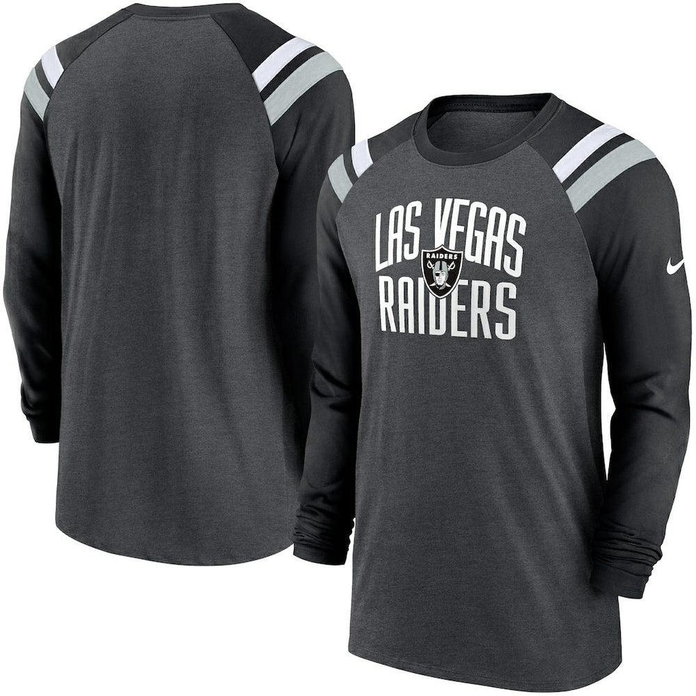 Las Vegas Raiders Tri-Blend Raglan Athletic Long Sleeve Fashion T-Shirt - Heathered Charcoal/Black - Nike