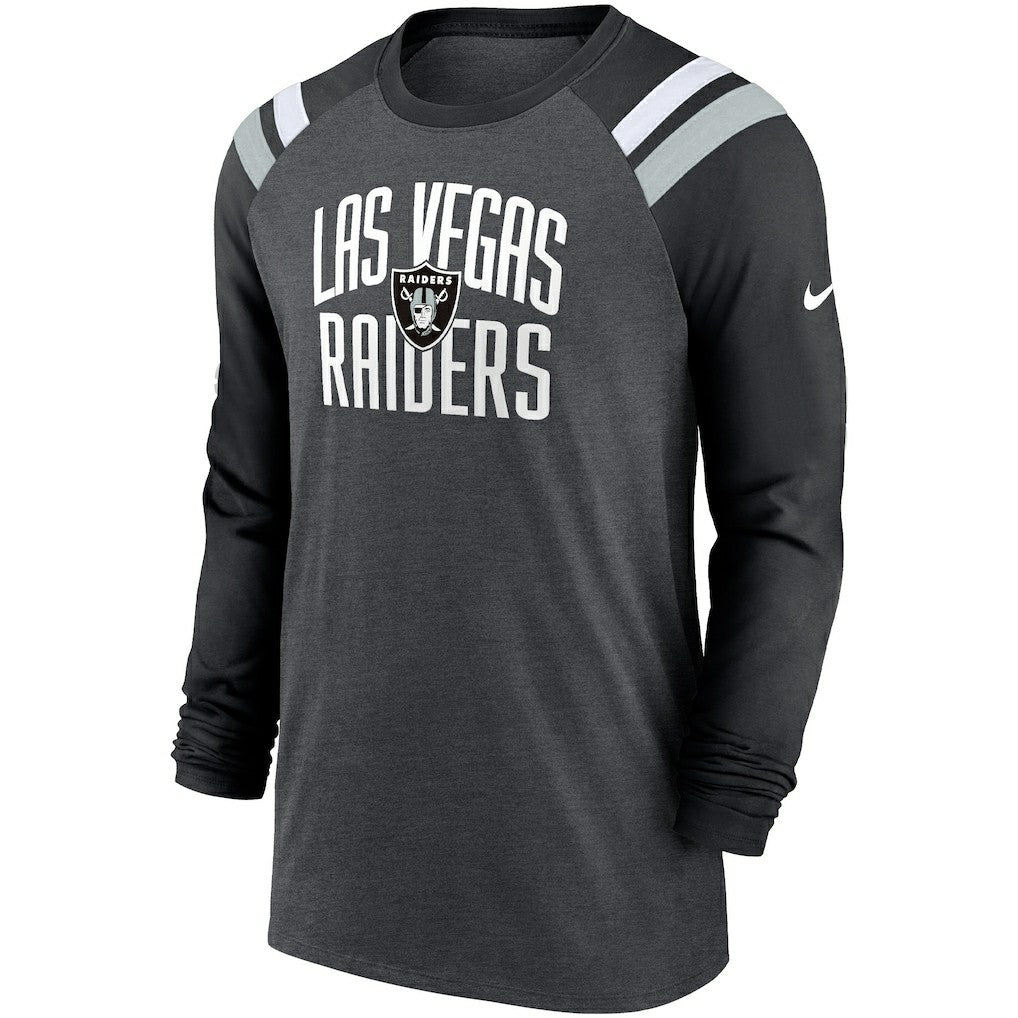 Las Vegas Raiders Tri-Blend Raglan Athletic Long Sleeve Fashion T-Shirt - Heathered Charcoal/Black - Nike