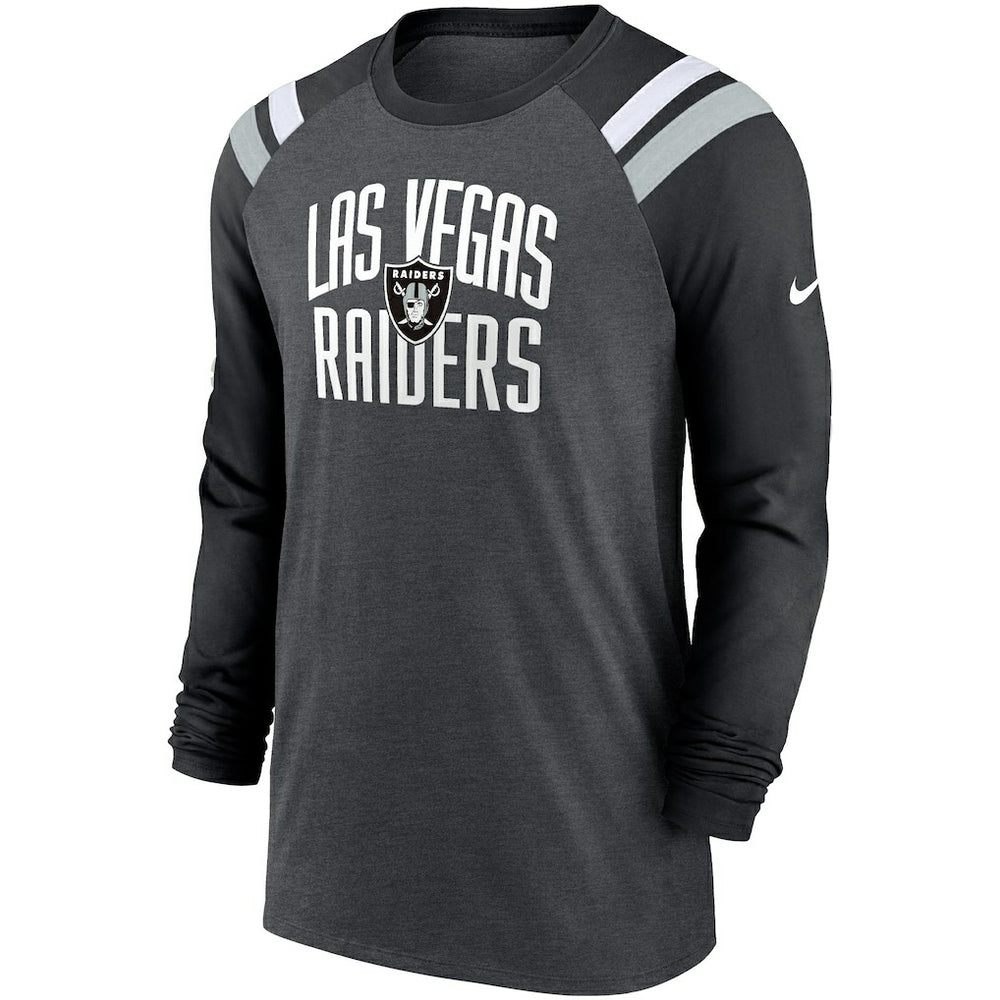 Las Vegas Raiders Tri-Blend Raglan Athletic Long Sleeve Fashion T-Shirt - Heathered Charcoal/Black - Nike