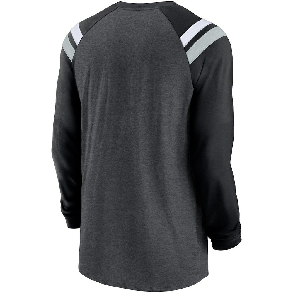 Las Vegas Raiders Tri-Blend Raglan Athletic Long Sleeve Fashion T-Shirt - Heathered Charcoal/Black - Nike