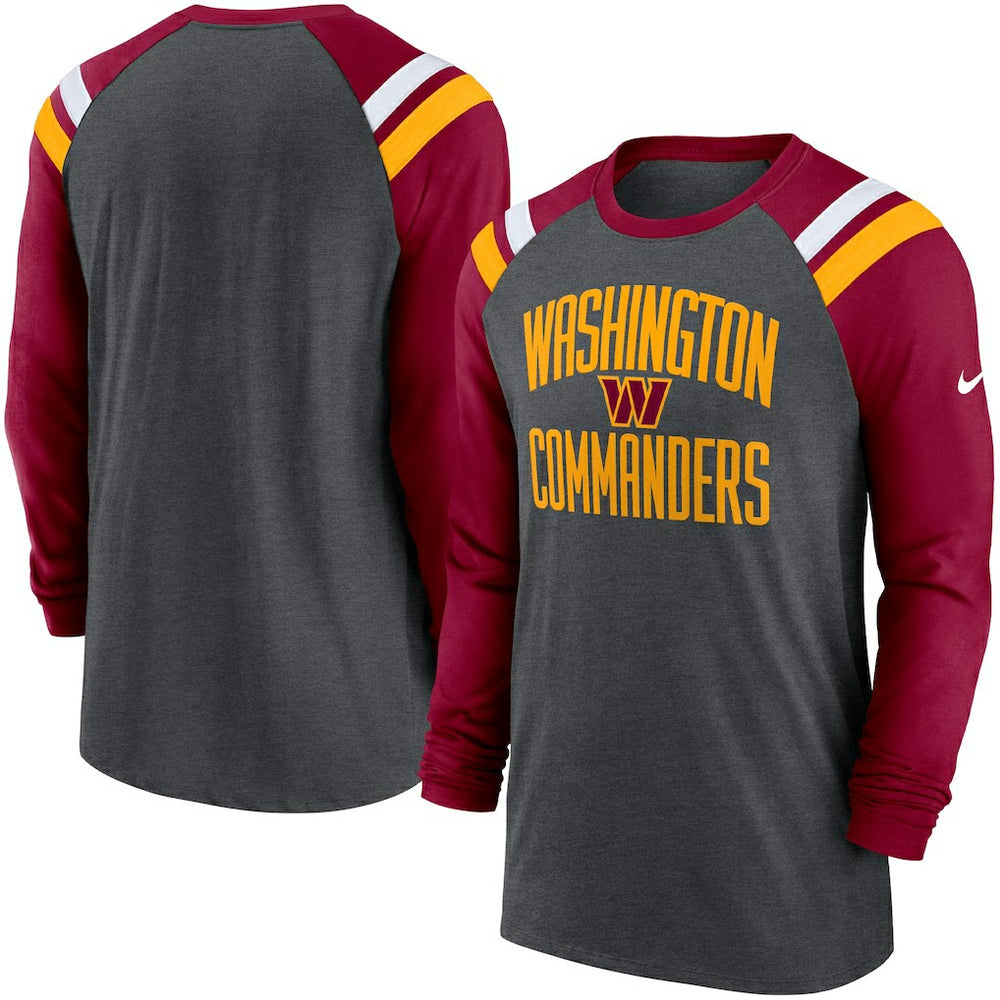 Washington Commanders Tri-Blend Raglan Athletic Long Sleeve Fashion T-Shirt - Heathered Charcoal/Burgundy - Nike