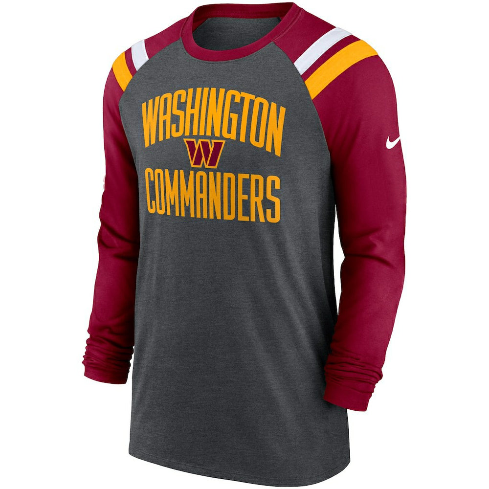 Washington Commanders Tri-Blend Raglan Athletic Long Sleeve Fashion T-Shirt - Heathered Charcoal/Burgundy - Nike