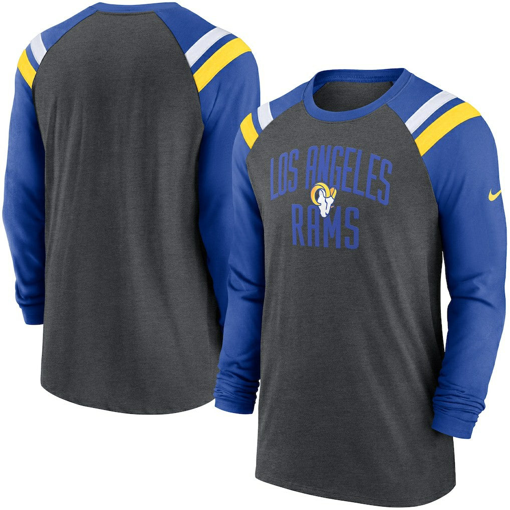 Los Angeles Rams Tri-Blend Raglan Athletic Long Sleeve Fashion T-Shirt - Heathered Charcoal/Royal - Nike