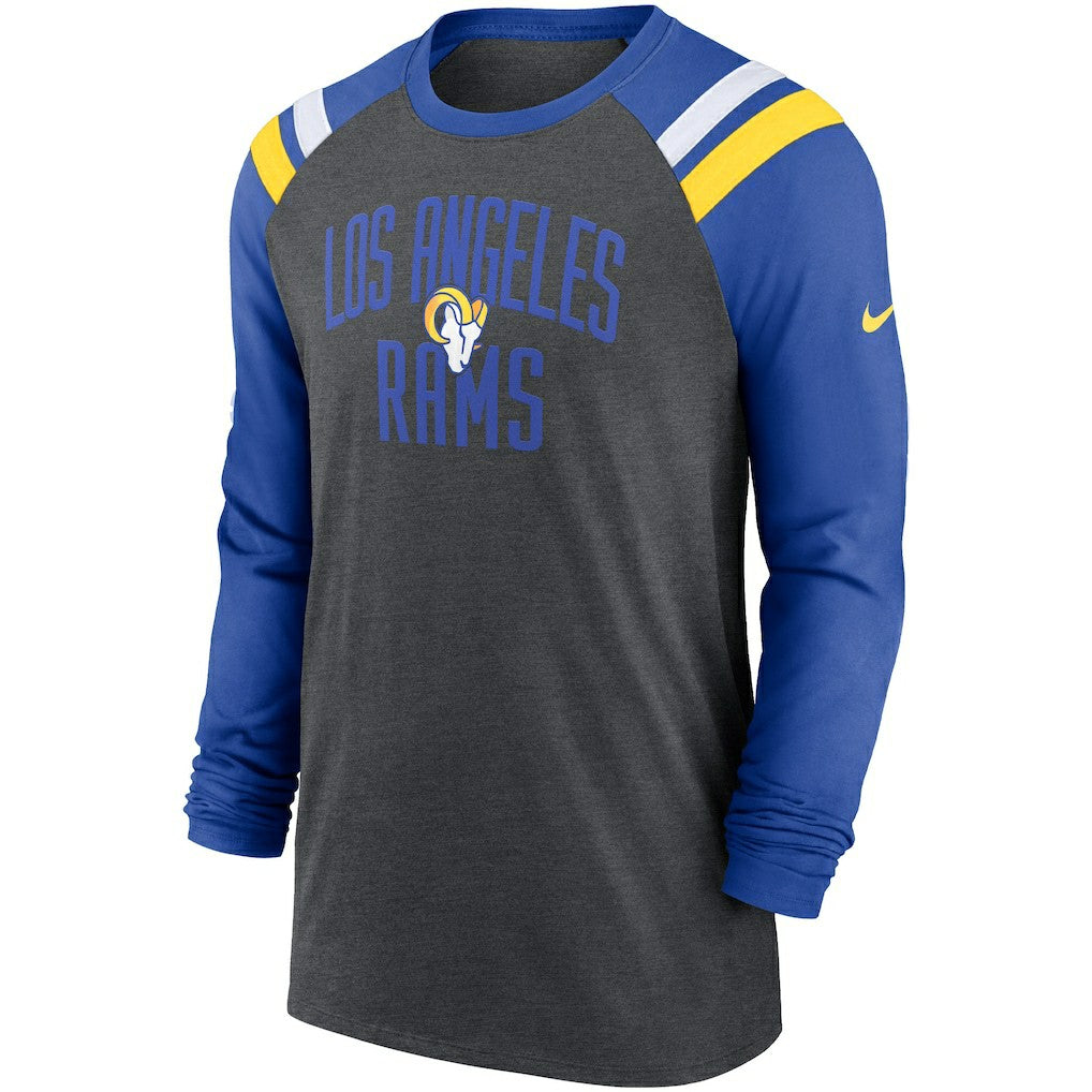 Los Angeles Rams Tri-Blend Raglan Athletic Long Sleeve Fashion T-Shirt - Heathered Charcoal/Royal - Nike