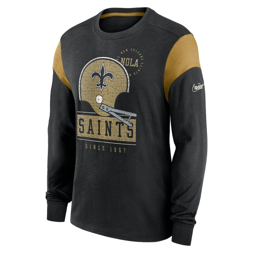 New Orleans Saints Rewind Playback Helmet Long Sleeve T-Shirt - Heather Black - Nike