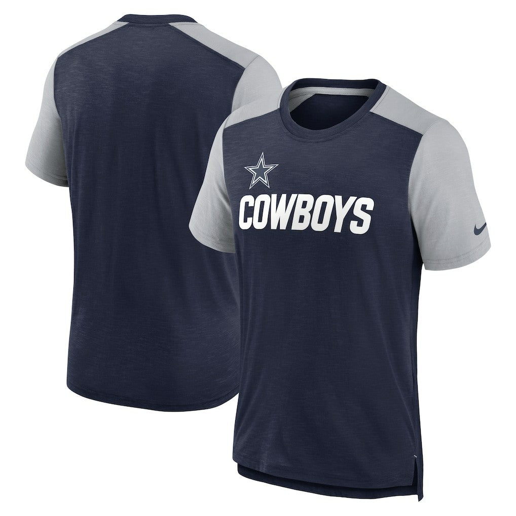 Dallas Cowboys Color Block Team Name T-Shirt - Heathered Navy/Heathered Gray - Nike