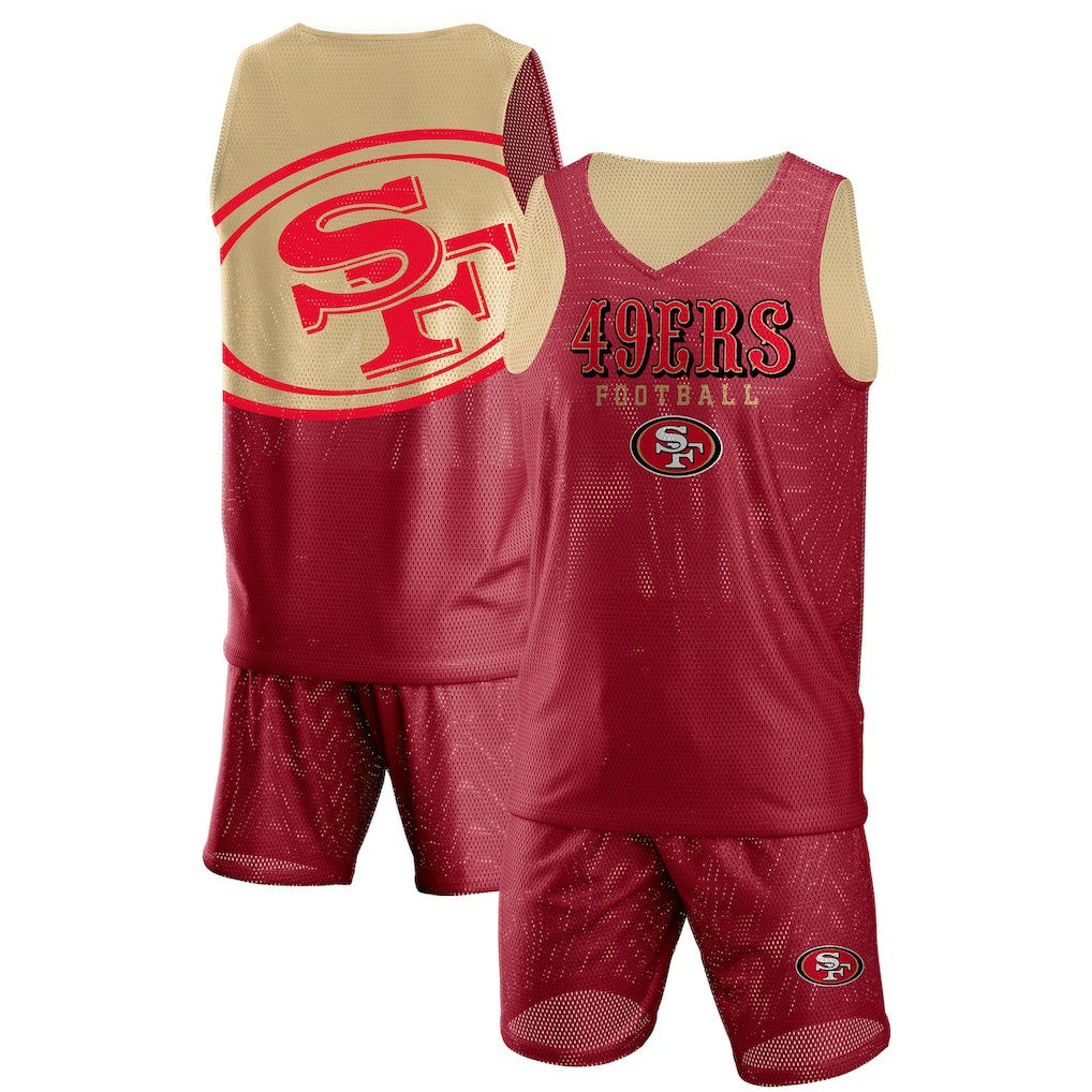 San Francisco 49ers FOCO Colorblock Mesh V-Neck & Shorts Set - Scarlet - NFL