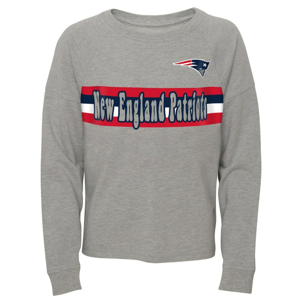 New England Patriots Juniors All Striped Up Raglan Long Sleeve T-Shirt - Heathered Gray - NFL